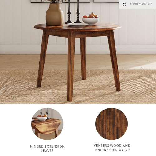 Image of Signature Design by Ashley Dining Drop Leaf Table, 42-Inch Round, Brown | Dual 8-inch drop leaves transition from 26 to 42 inches, Space saving dining table seating up to 4, Berringer Series