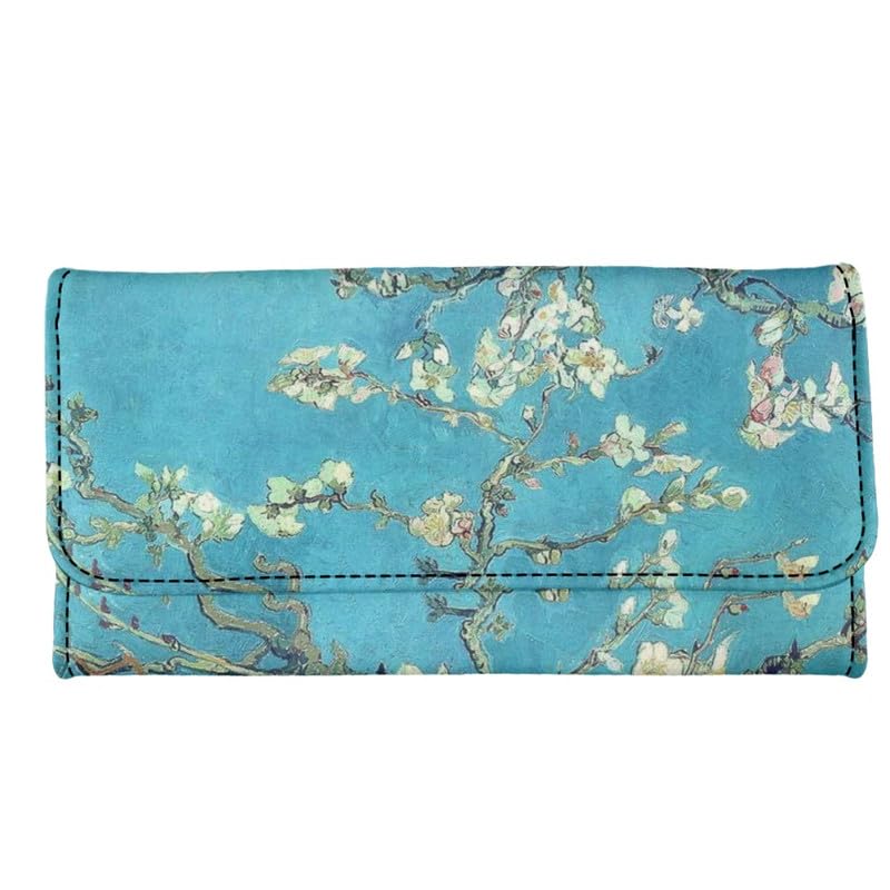 Almond Blossom Women's Vintage Leather Long Tri-fold Wallet, Flowers Leather Wallets Oil Painting Art Checkbook Wallet with ID Card Transparent Slot4