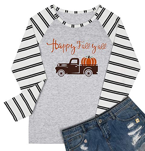 Happy Fall Y'all Pumpkin Baseball Shirt Blouse Women Halloween Thanksgiving Long Raglan Sleeve Shirt Top Size M (Stripe)