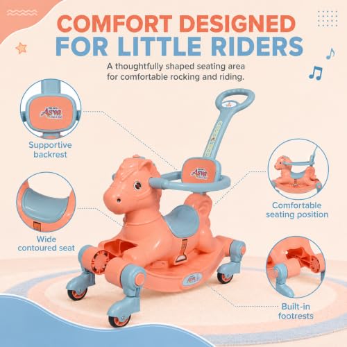 Image of 3 in 1 Baby Horse Rider for Kids 1-5 Years with Parent Handle, Rocking Horse, Ride On Toy, 360 Safety Guard, Music, Swivel Wheels, Backrest, Baby Ride On for Boys & Girls (Orange)