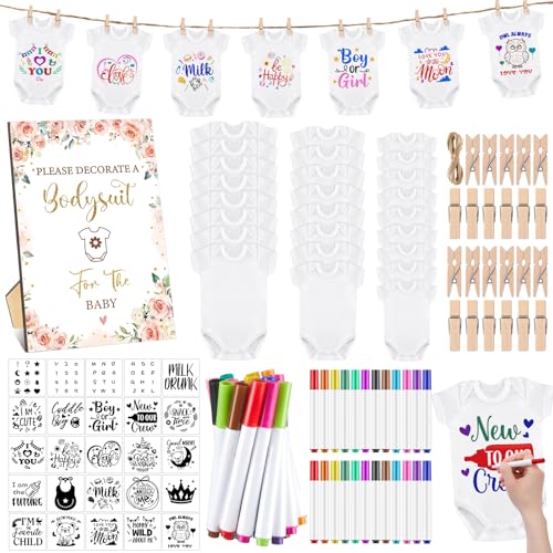 Panitay 126 Pcs Baby Shower DIY Bodysuit Set Bib 25 Blank White Newborn Bodysuit 25 Stencils 24 Marker 1 Sign 50 Pins(Floral)