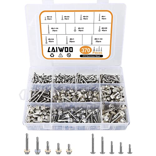 Self Tapping Screws, LAIWOO 370 PCS #8 410 Stainless Steel Hex Washer & Phillips Round Head Self Drilling TEK Screw Assortment Kit for Metal and Wood, Length 1/2' to 1-1/4'