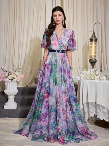 Image of TOLEEN Summer Casual Dresses for Women 2024 Spring Fashion Boho V Neck Long Sleeve Ruffle Floral Print Elegant Maxi Dress