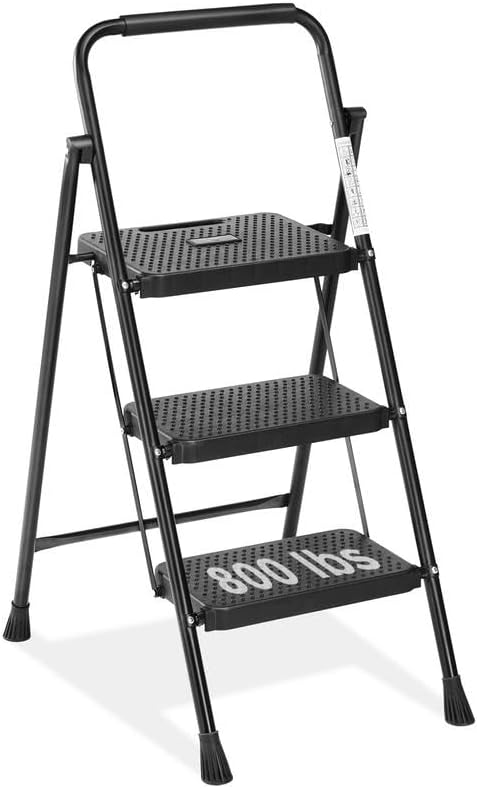 3 Step Ladder, Foldable Stool for Adults, 800lbs Sturdy Steel Ladder with Wide Anti-Slip Pedal, Portable Kitchen Ladders with Sturdy Construction, Black