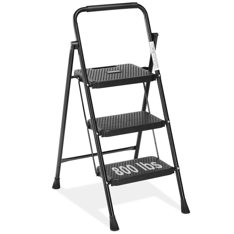 3 Step Ladder, Foldable Stool for Adults, 800lbs Sturdy Steel Ladder with Wide Anti-Slip Pedal, Portable Kitchen Ladders with Sturdy Construction, Black