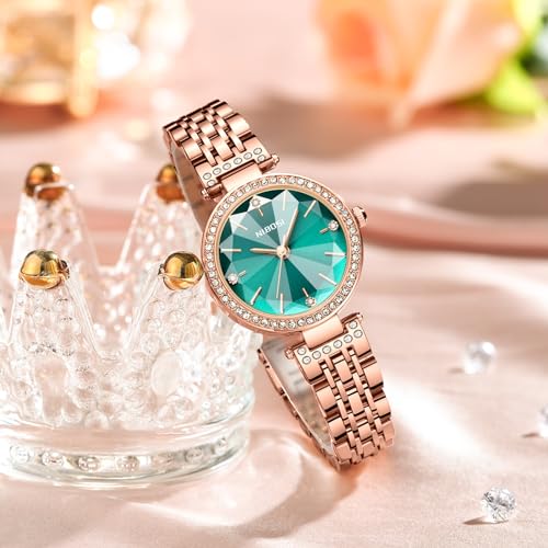 ساعة من نيبوسي للنساء، بمينا ذهبية وردية وسوار ذهبي وردي، عرض تناظري