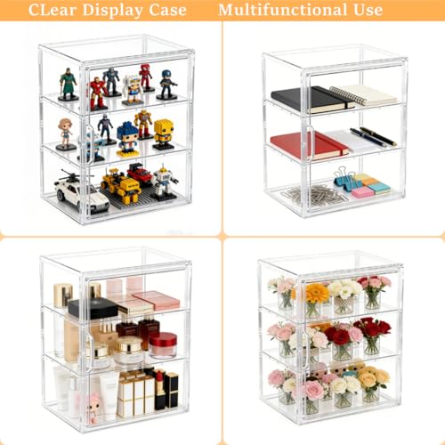 Image of Attelite Acrylic Display Case for Collectibles, Clear Storage Bin with 3 Adjustable Layers, Stackable Storage Box with Magnetic Door for Figures, Home Office,Large,3 Tier Clear Storage Bin,2Pack