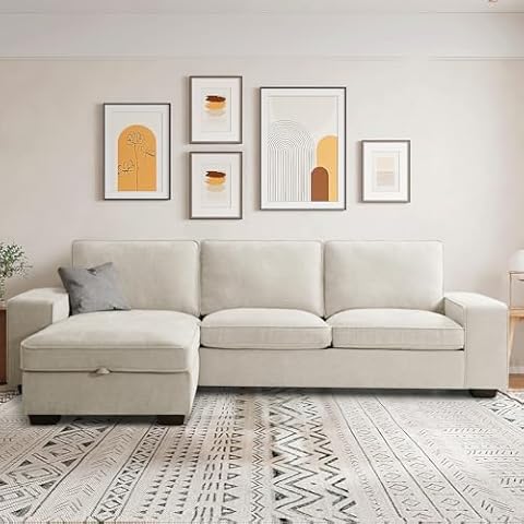 ASHOMELI 99“ Convertible Sectional Sofa,L Shaped Couch,Multi-Functional Reversible Sofa with USB and Type-C Charging Ports, Storage Space, Breathable Fabric (Beige) Cover
