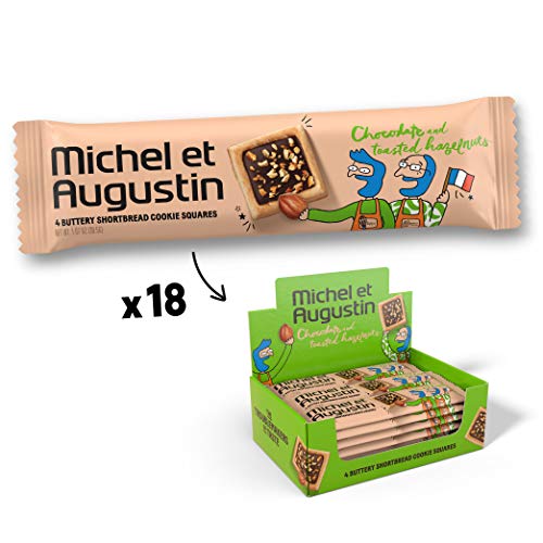 Michel et Augustin Gourmet Chocolate Cookie Squares | Individually Wrapped European Cookie Bars | Milk Chocolate & Hazelnut | 18-Bar Pack | 4 French Shortbread Cookies per Bar