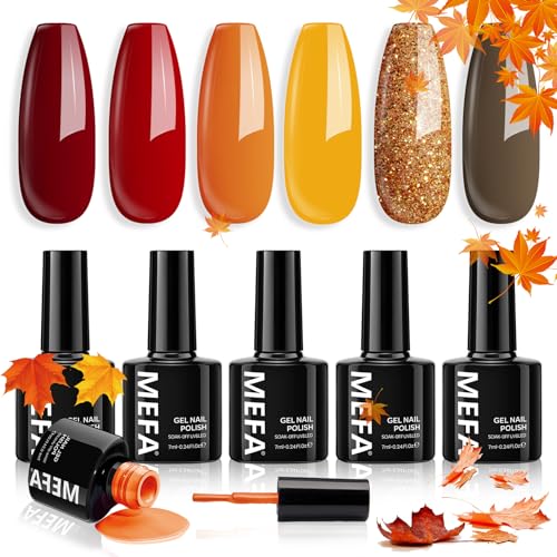 MEFA 6 Colors Gel Nail Polish Set, Shades Orange Red Brown Glitte...