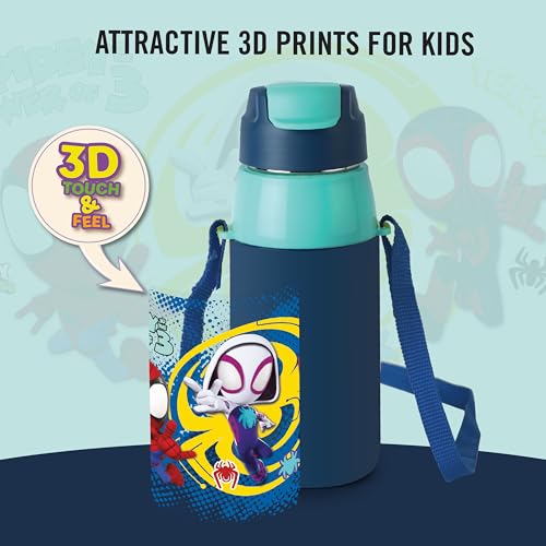 Image of CELLO Kidzbee Era 400 Insulated Kids Water Bottle 400 ml, Navy Blue | 3D Touch & Feel Web Warriors Design One Hand Grip Lightweight Leakproof Easy Sip Flip Cap Insulated Water Bottle for School Kids