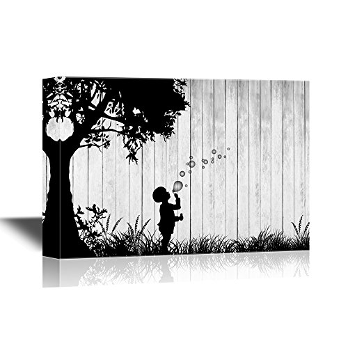 wall26 - Black and White Canvas Wall Art - Childhood Memory on Wood Style Background | Blowing Bubbles - Gallery Wrap Modern Home Art | Ready to Hang - 12x18 inches