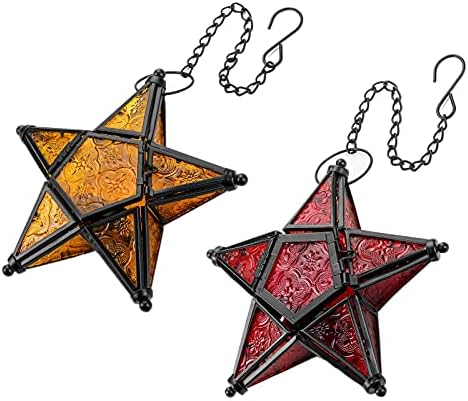 Romadedi Moroccan Lantern Decorative Hanging Ornaments - Stained Glass Candle Lantern Window Hangings Patio Balcony Living Room Decoration Vintage, Orange