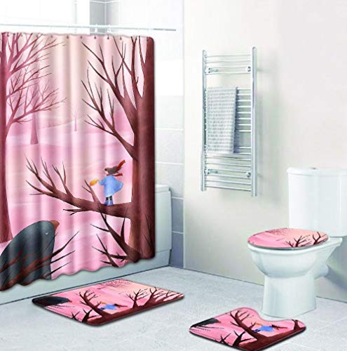ZDDWLDL 4Pcs Duschvorhänge Set Mit Rutschfesten Teppichen,Toilettendeckel und Badematte Rosa Dschungelmädchen Tiervogel…