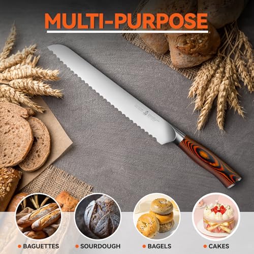 Image of TUO Bread Knife, 10 inch Upgraded Serrated Knife for Homemade Sourdough Bread, High Carbon German Steel with Pakkawood Handle, Gift Box - Fiery Phoenix Series