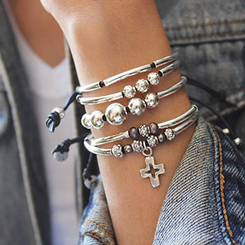 Lizzy James Handmade Keep The Faith Bracelet For Women – Adjustable, Double-Strand, Leather Cord With Pearls, Silver-Plated Beads, & Cross Charm – Confirmation Gifts For Girls & Christian Jewelry #TOP4