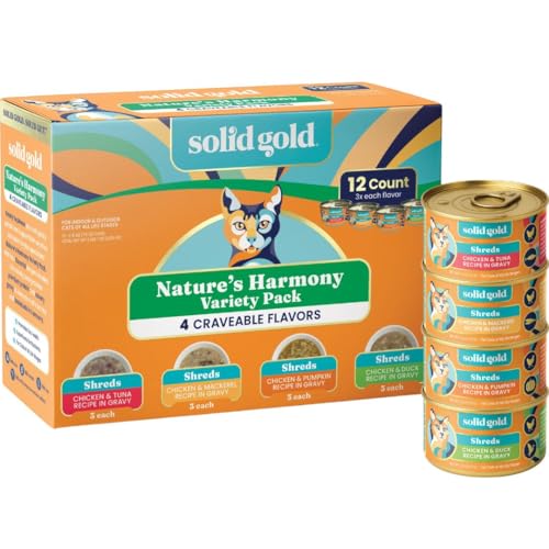 Solid Gold Wet Cat Food Variety Pack Shreds in Gravy - Healthy Canned Cat Food Made w/Real Chicken & Protein Shreds Vitamins - Grain Free & Gluten Free Canned Meals for Cats & Kittens - 12ct/3oz Can