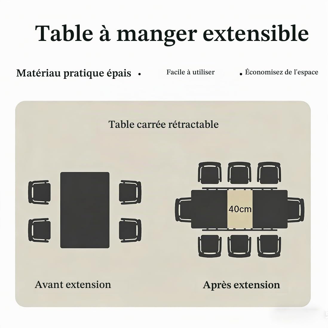 Table salle à manger extensible 130x170 cm MDF ciment 6 chaises textiles moderne