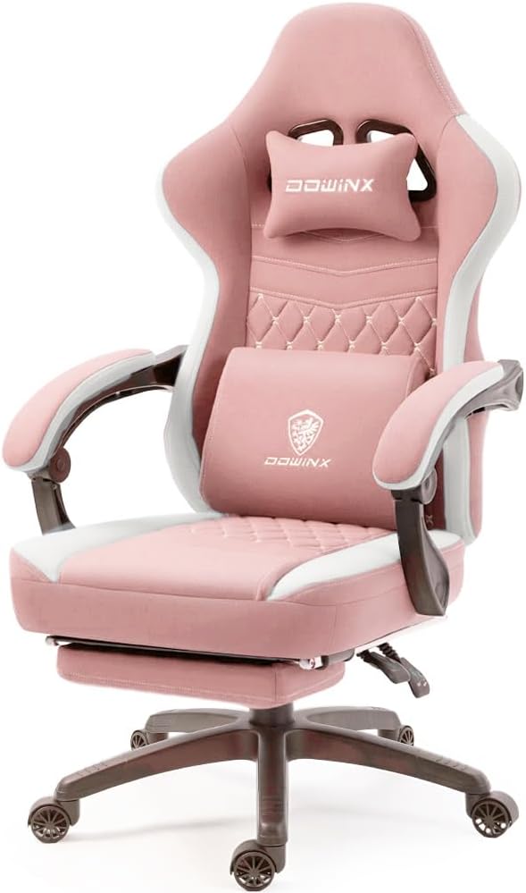 Pink Fabric Ergonomic Gaming Chair with Massage Lumbar Support and Footrest