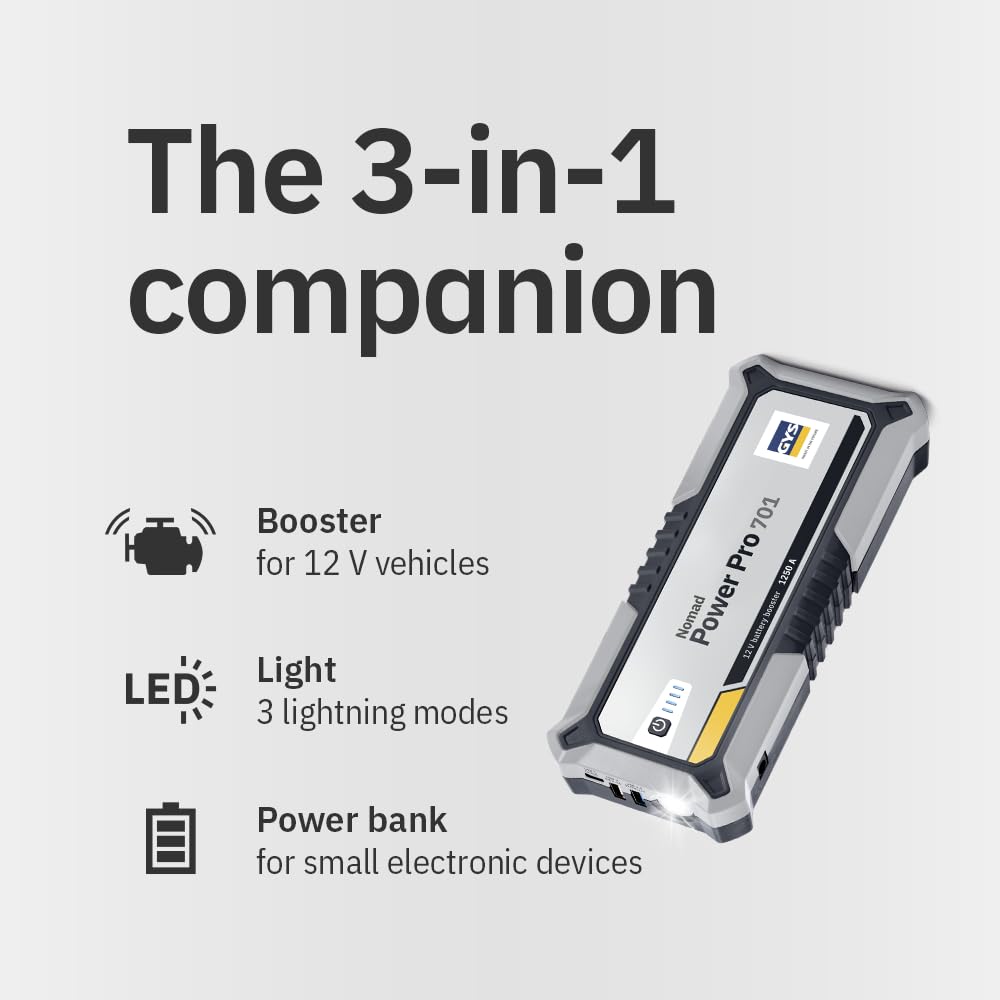GYS, Nomad Power Pro 701, Démarreur/Booster Batterie Lithium Portable 2000A, Véhicules 12V (Moto, Voiture), Démarrage Sécurisé, Batterie Externe 6Ah (PowerBank), Lampe LED, Ecran LCD