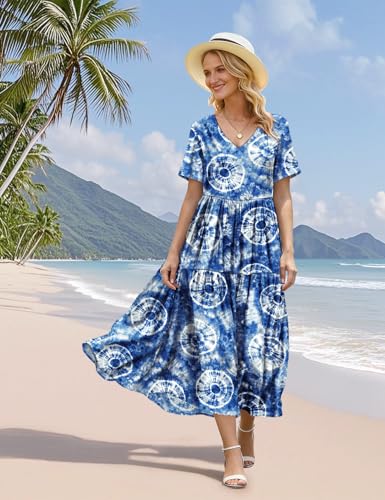 Image of YESNO Women's Summer Maxi Dresses Casual Floral Short Sleeve V Neck Boho Beach Vacation Swing Dress with Pockets EVF
