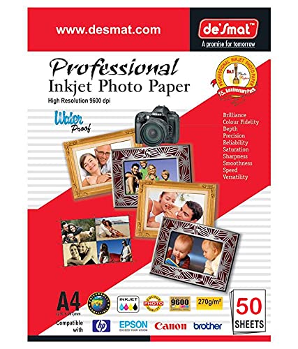 Desmat A4PROPPG-50S Photo Gloss Paper is A4 Sized Gloss Paper. Pack of 50 Sheets - 210 x 297 mm - Compatible with All HP, Canon, Epson, Brother Inkjet Printers