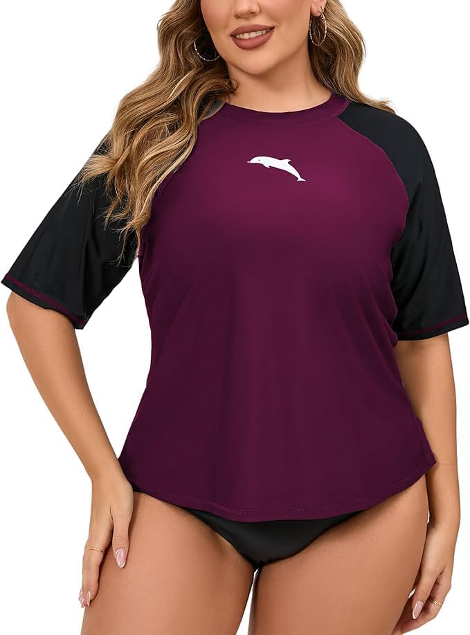 Halcurt Women's Plus Size Rash Guard Short Sleeve Swim Shirts Loose Fit UPF50+ Sun Protection Swimsuit Top Only