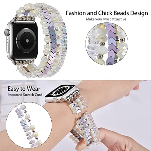 Image of MOFREE Beaded Bracelet Compatible with Apple Watch Band 38mm /40mm /41mm /42mm, Fashion Elastic Stretch Women Bands for iWatch Series 11 /10 /9 /8 /7 /SE /6 /5 /4 /3 /2 /1 iPhone Watch Strap Bands Iridescence