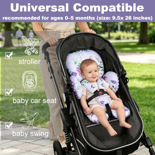 Image of Infant Car Seat Insert for Newborn Girls, Extra Thick & Soft Minky Preemie Car Seat Head Body Support Cushion with Strap Pads, Perfect for Stroller, Baby Bouncer, 2-in-1 Reversible, Purpke Floral