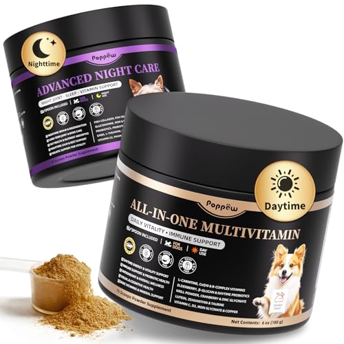 25-in-1 Dog Vitamins and Supplements - Day & Night 2 Pack - Dog Multivitamin Powder with Collagen, Glucosamine, Probiotics - Joint, Gut, Calm, Skin & Immune Support, Chicken Flavor, 150 Scoops