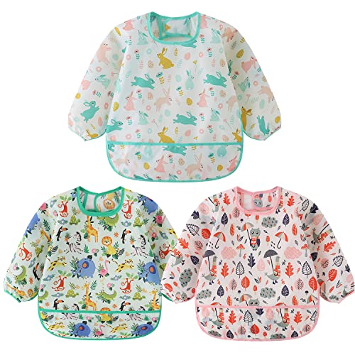 Image of HaimoBurg 3 Pcs Waterproof Long Sleeves Baby Bibs Weaning Smock Bib 3-24 Months