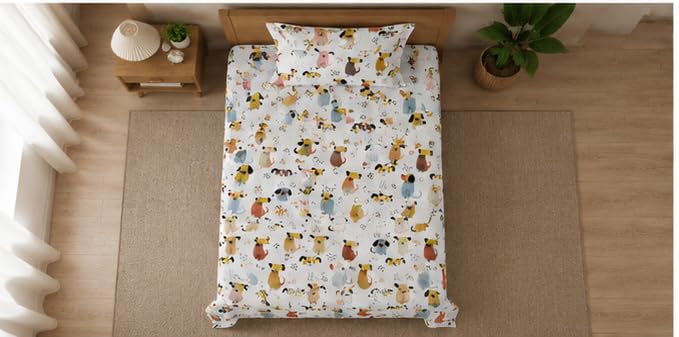 Image of Room Single Bedsheet with 1 Pillow Cover, Single Bed, Printed- 60 x 90 Inches (Cream)