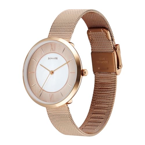Image of Sonata Modern Edit 3 Quartz Rose Gold Round Dial Women's Watch | Stainless Steel Strap Material | Watches for Women Analog - 8193WM02