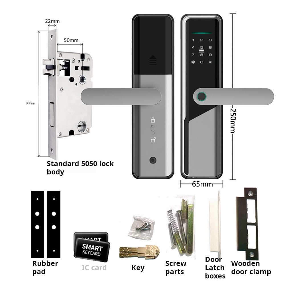 Serrure de porte intelligente, avec empreinte digitale et mot de passe pour porte de 60 à 90 mm, clavier avec poignée, clé, carte IC, prise en charge de l'application ttlock App Remote Control