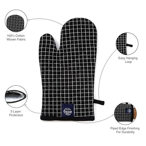 Image of Encasa XO Oven Gloves for Microwave (2 pc Set) - Heat Proof, Thick & Safe | Longer 18x30 cm Mittens for Protection in Kitchen Cooking & Baking - Butcher Checks Black