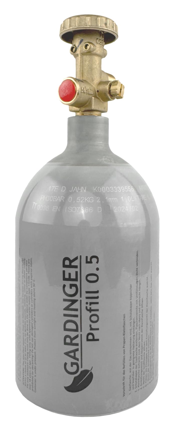 GARDINGER befüllbare Aluminium Propanflasche Profill 0.5 mit Umfüllschlauch und Schnellkupplungen