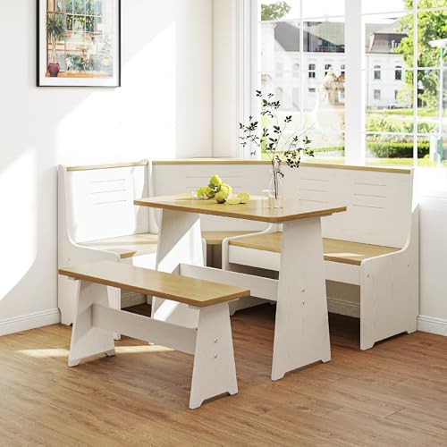 Breakfast Nook Corner Dining Table Kitchen Bench Chair Set, Space-Saving 3-5 People Seat Reversible L-Shape for Family Home White Wood