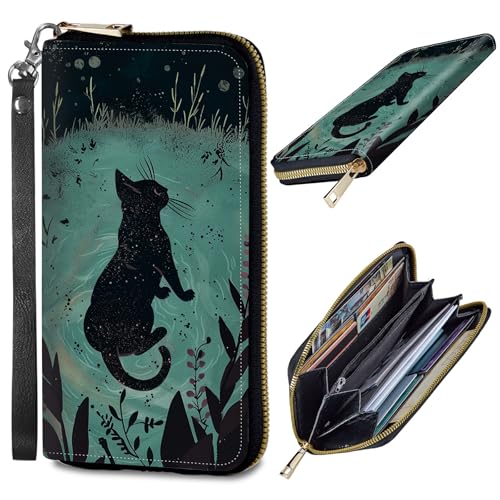 Womens Wallet, PU Leather RFID Cute Wristlet Wallets for Girls Women Ladies Purse Large Credit Card Clutch Purse Card Holder Coin Pocket Travel Wallets with Zipper, Cat Watercolour