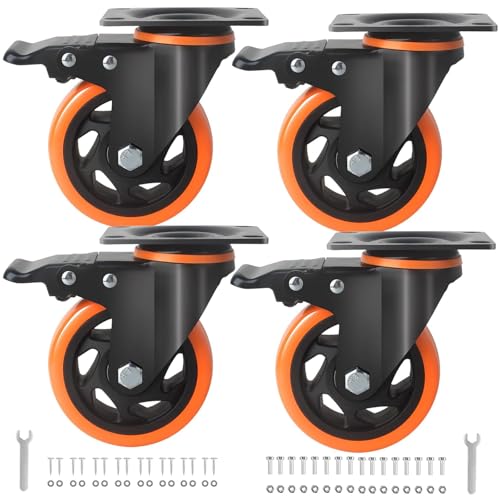 Swivel Caster Wheels Set of 4, BZOLIHEU 4 Inch Heavy Duty Locking Casters with Brake, Silent Plate Casters, Polyurethane Castor Wheels for Furniture Workbench Cart (Orange)