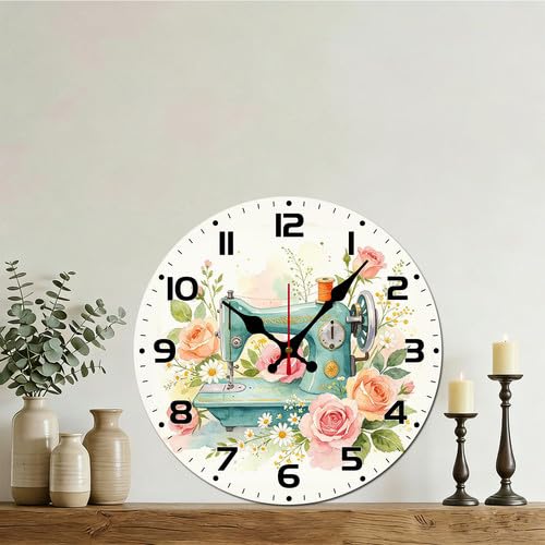 Geroclonup Horloge murale en bois pour machine à coudre - 25 cm - Fonctionnement à piles - Sans tic-tac - Style rustique - Pour chambre à coucher, salle de bain, salon, bureau, école – vue 2