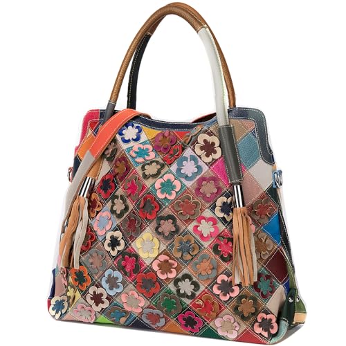 Downupdown Genuine Leather Handbags Purses for Women Floral Shoulder Bags Hobo Handbag Ladies Multicolor Totes Satchel