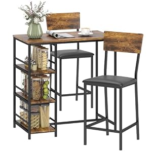 HOMCOM 3 Piece Breakfast Bar Table Set, Space Saving Bar Table and PU Leather Stools for 2, Dining Table Set with Storage Shelves, Rustic Brown
