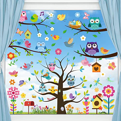 FullJoyHut 9 Fogli Adesivi Finestre Vetrofanie Primavera, Gufo Farfalla Fiore Albero Vetrofanie Addobbi Sticker Decal Decorativi PVC Decalcomanie Adesivo Statico Decorazioni