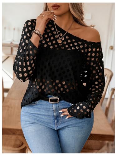 Verdusa Women's Plus Size Hollow Out Sheer Sweaters Long Sleeve Knit Pullovers Tops4