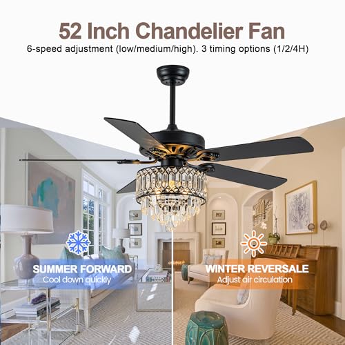 Image of 52'' Black Crystal Chandelier Ceiling Fan with Light