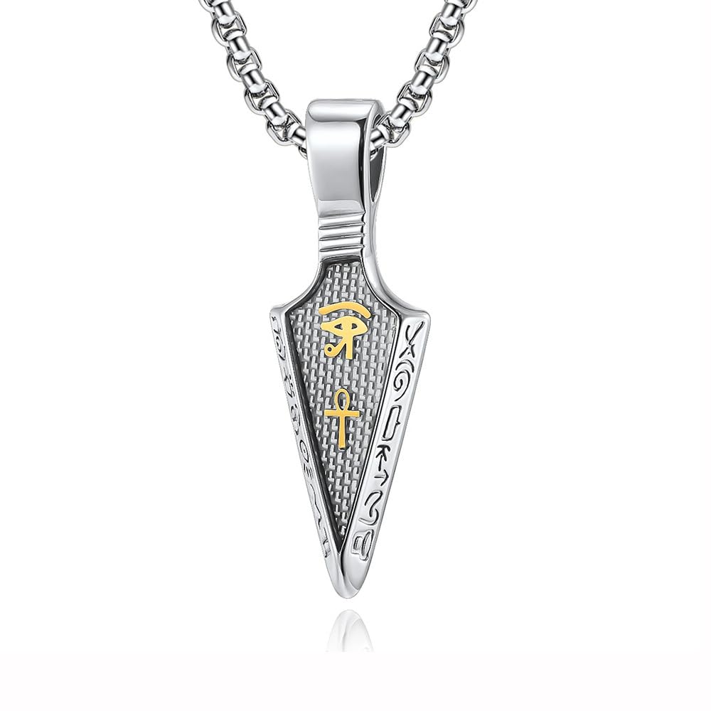 TANGILLA Eye of Horus Arrowhead Necklace Egyptian Protection Ankh Cross Amulet Pendant on 24+2″ Stainless Steel Adjustable Chain