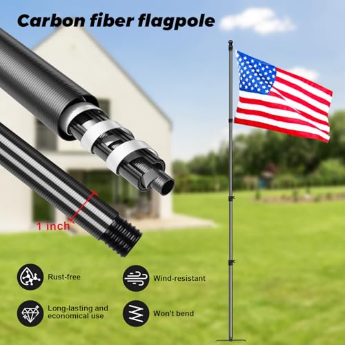 Msnaile 12 FT Carbon Fiber Flag Pole for Outside House in Ground, Flagpoles for Yard, Tangle Free Flag Pole Kit, Wind-Resistant, Bend-Resistant, Rust-Free (Without Flag, Black)