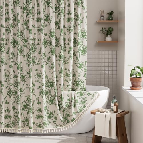Image of AmazerBath Sage Green Floral Shower Curtain, Modern Farmhouse Shower Curtain Set with Tassels, Rustic Faux Linen Shower Curtain Washable with Hooks for Cottagecore Style, 72x72 Inches