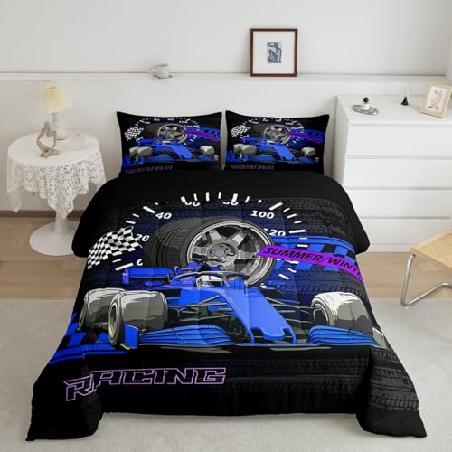 Image of Feelyou Kids Racing Car Duvet Insert Queen Size, Extreme Sports Comforter Set Boys Girls Karting Road Bedding Set Teens Bedroom Decor Microfiber Bed Set