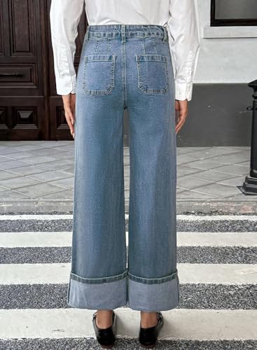 EVALESS Womens Jeans High Waisted Stretchy Cuffed Wide Leg Denim Pants with Pockets2